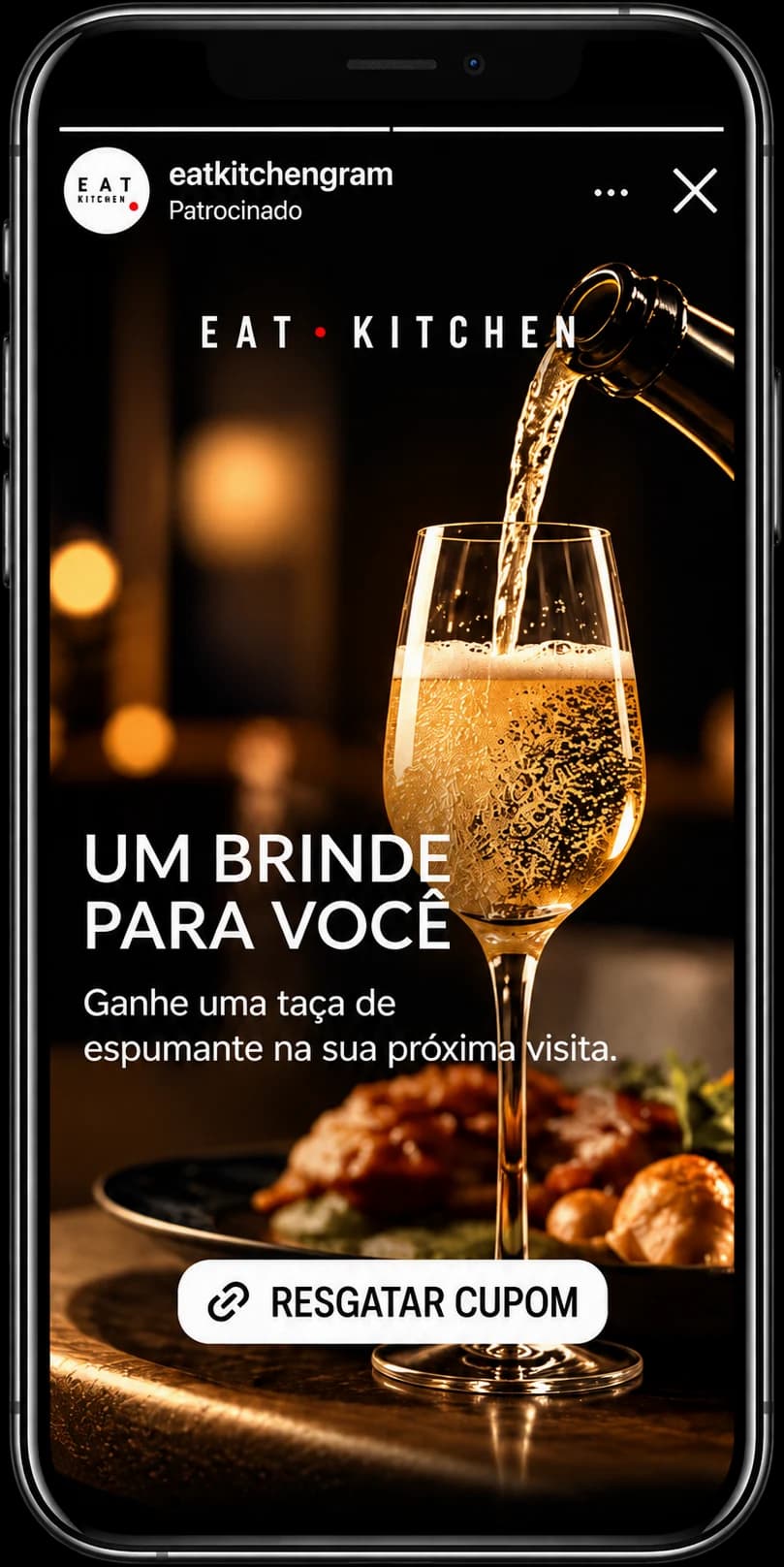 Story patrocinado do Eat Kitchen com o cupom 'Um brinde para você' — campanha criada na LeadsFood
