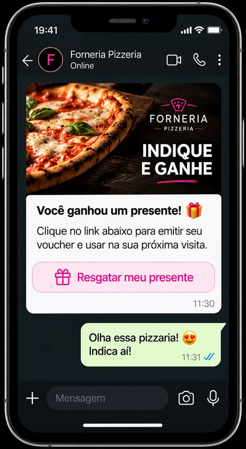 Tela real do indique e ganhe no celular — cliente presenteando amigos pelo WhatsApp