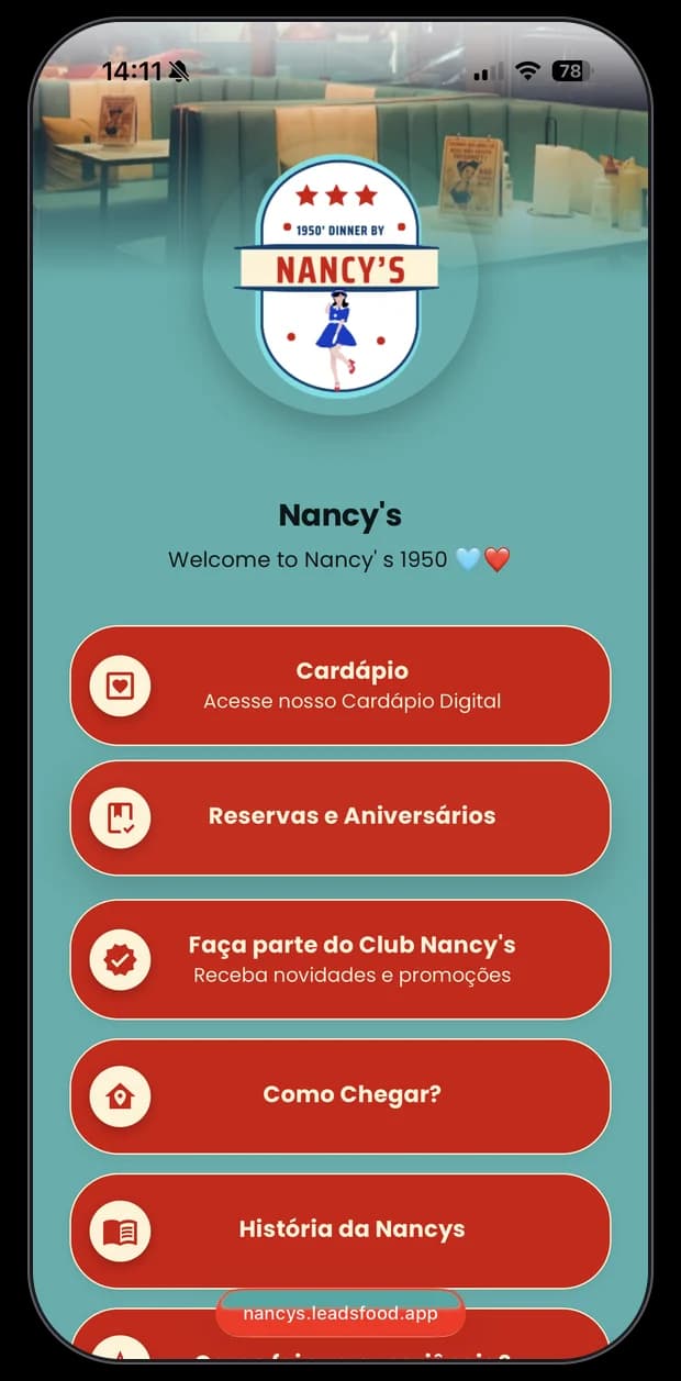 Mini site de restaurante cliente da LeadsFood — apresentação no link exclusivo