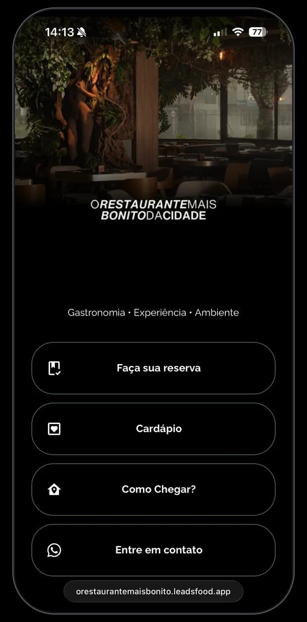 Mini site de restaurante cliente da LeadsFood — apresentação no link exclusivo