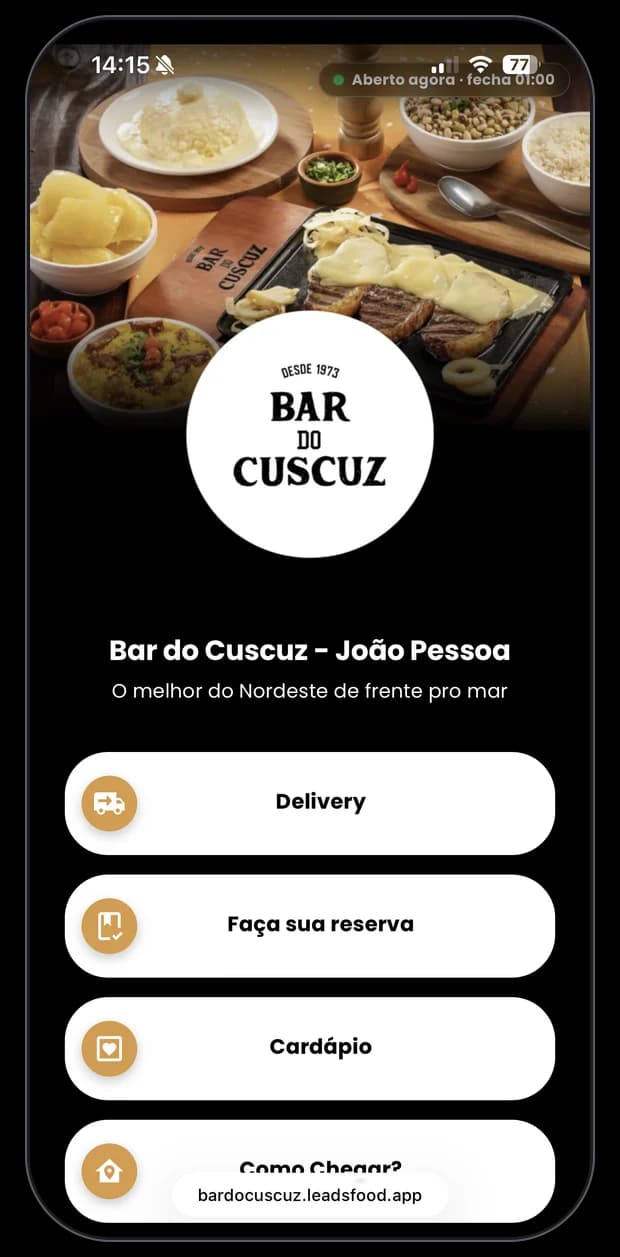 Mini site de restaurante cliente da LeadsFood — apresentação no link exclusivo