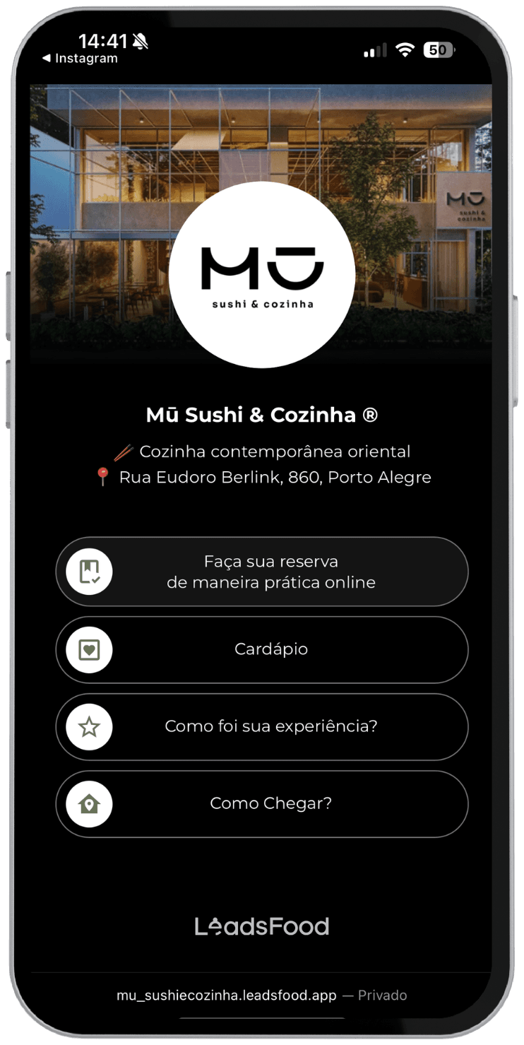 Link na bio e reserva digital de um restaurante no LeadsFood